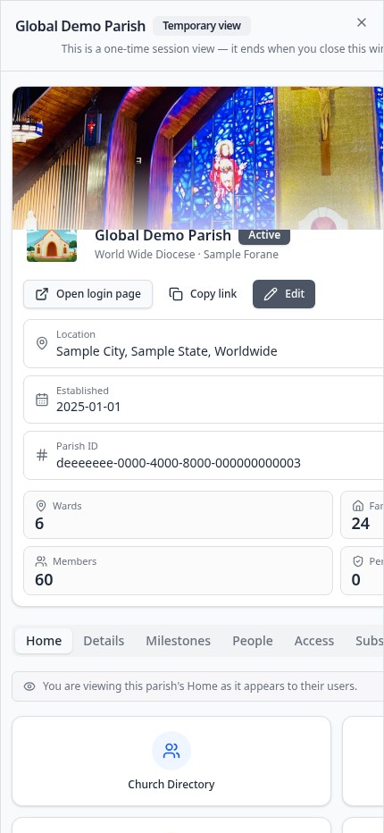 Phone-sized ParishConnect Global Demo Parish dashboard