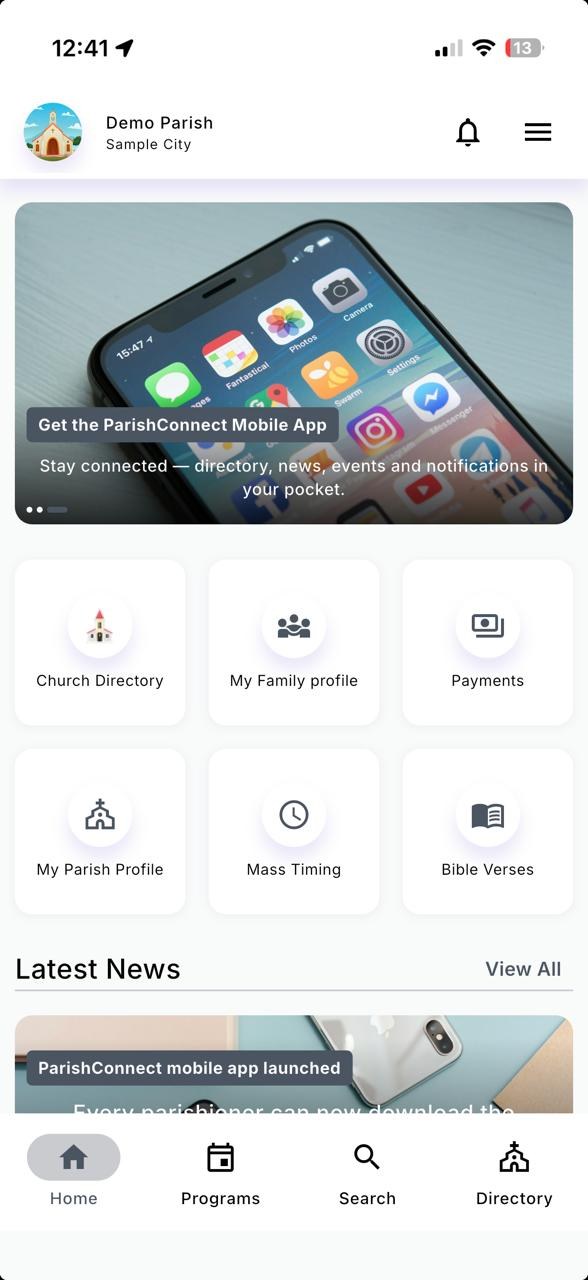 ParishConnect mobile app home screen with menu tiles and latest news